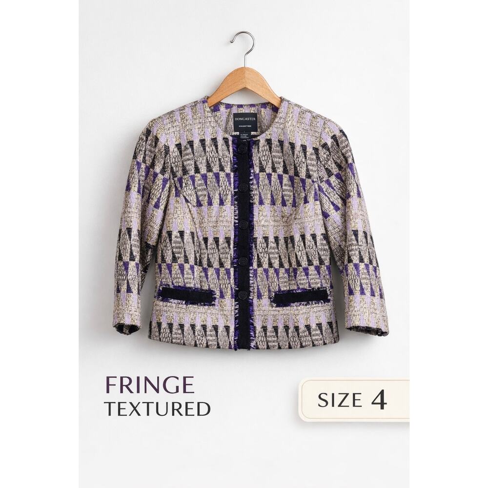 Doncaster Cropped Blazer Size 4 Purple Black Textured Fringe Jacket